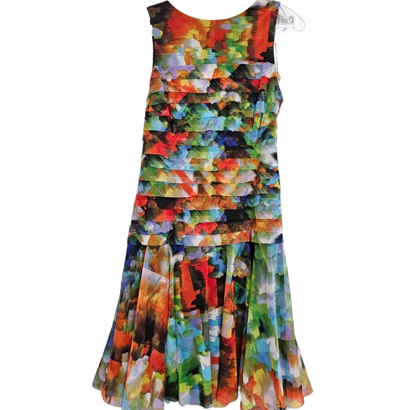 London Times Jeweltones Abstract Paint Splash Tiered Sleeveless Mesh Dress - Picture 7 of 15